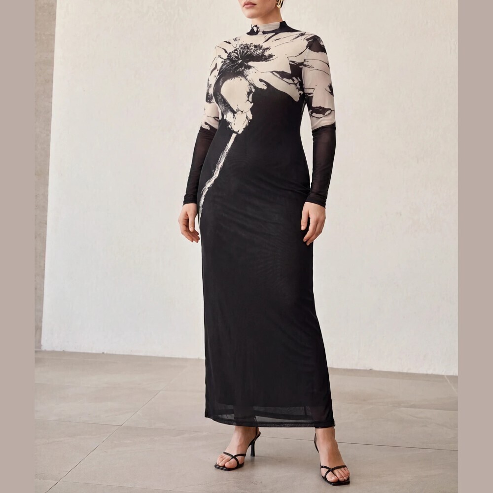Black Ivory Floral Mesh Mock Neck Long Sleeve Maxi Dress